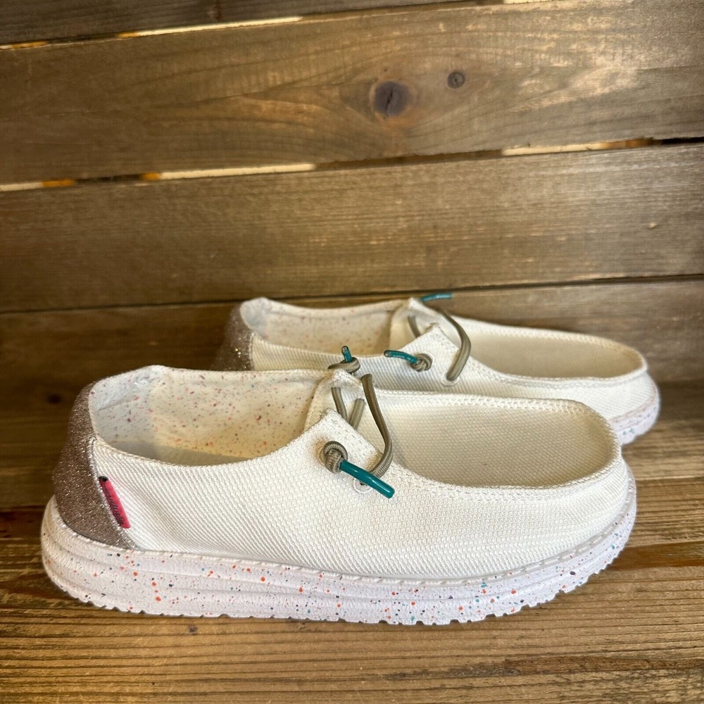 New NWT Big Kids Hey Dude Wendy Ivory Glitter Heel‎ Slip On Shoes Loafers 2 Y